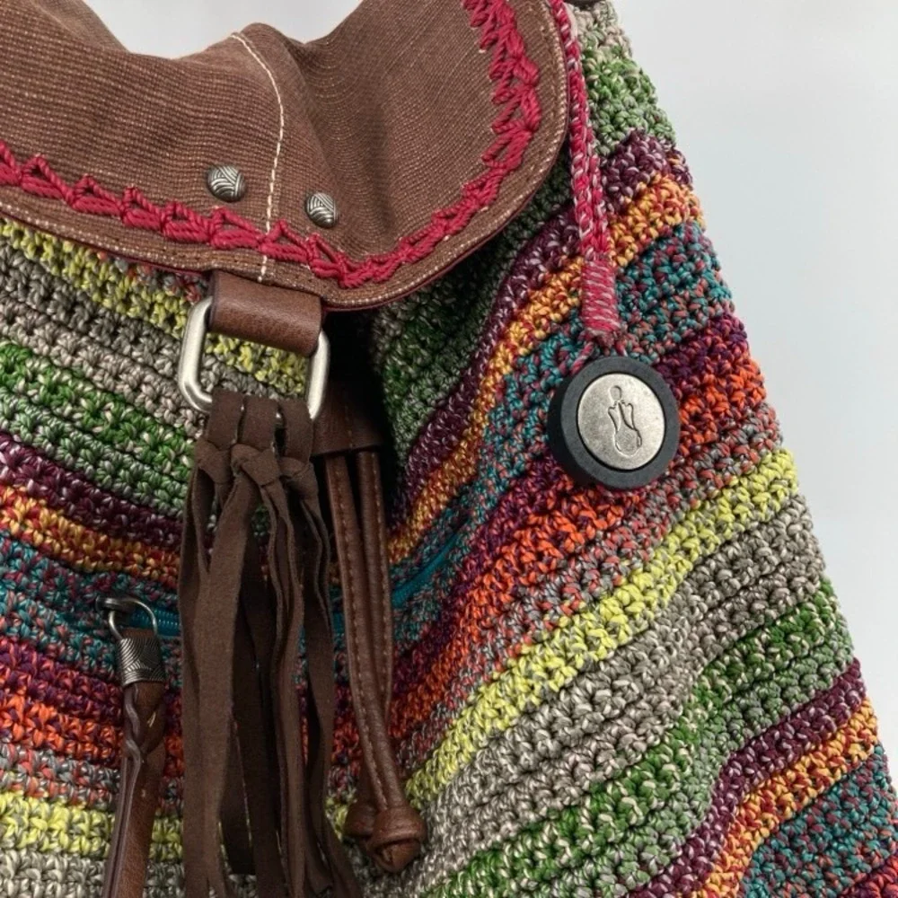 The Sak Avalon Crochet Backpack Convertible Shoulder Bag Striped Boho Drawstring